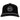Black cap with a circular rubber patch on the front and a thin white rope across the bill.